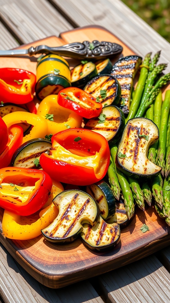 A vibrant grilled vegetable platter with bell peppers, zucchini, eggplant, and asparagus on a wooden board.